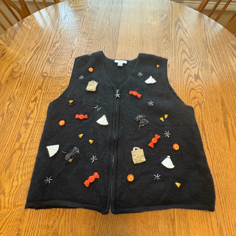 Vintage Talbots Halloween Knit Wool Vest Ghosts Candy Corn Zip Up Sweater Sz L